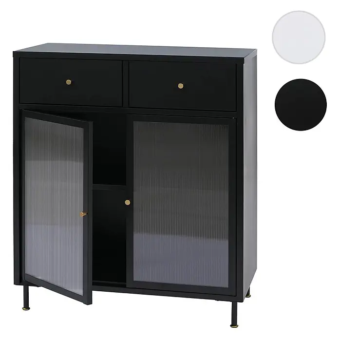 Mendler Kommode HWC-O87 96x80x40cm Metall - schwarz -  - Schwarzer Aufbewahrungsschrank mit zwei Schubladen und zwei Türen, mit gerippten Glasscheiben und goldenen Griffen.