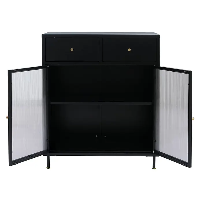 Mendler Kommode HWC-O87 96x80x40cm Metall - schwarz -  - Schwarzer Schrank mit zwei oberen Schubladen und zwei unteren Türen mit gerippten transparenten Paneelen, messingfarbenen Knöpfen und messingfarbenen Fußkappen.