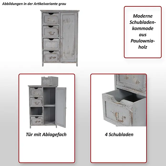 Mendler Kommode HWC-D12 Shabby-Look Vintage 82x55x30cm - weiß -  - Grau lackierte Paulownia-Kommode mit vier Schubladen und einem Schrankfach mit Ablagen.