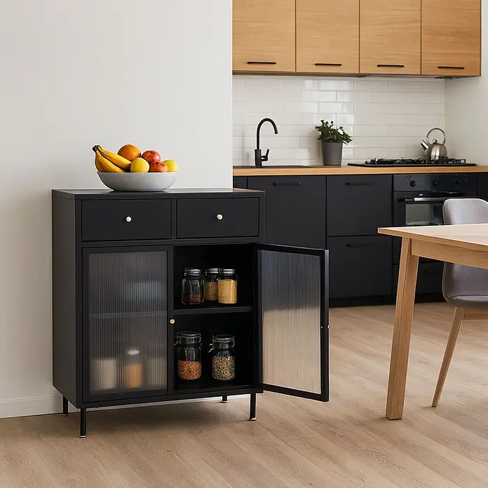 Mendler Kommode HWC-O87 96x80x40cm Metall - schwarz -  - Schwarzes Sideboard mit zwei Schubladen und geriffelter Glastür, zur Aufbewahrung in moderner Küche.