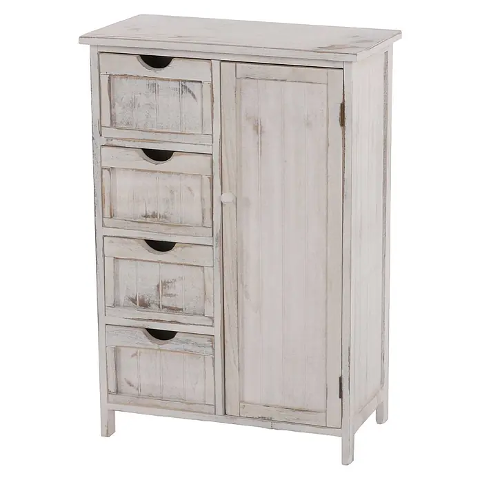 Mendler Kommode HWC-D12 Shabby-Look Vintage 82x55x30cm - weiß -  - Rustikaler weißer Holzschrank mit vier Schubladen und einer Tür, mit Antik-Finish.