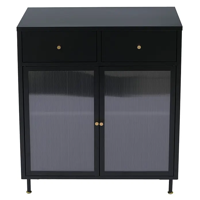 Mendler Kommode HWC-O87 96x80x40cm Metall - schwarz -  - Schwarzer Schrank mit zwei Schubladen und zwei Türen aus gerilltem Glas, Messingknöpfen und schlanken Beinen.