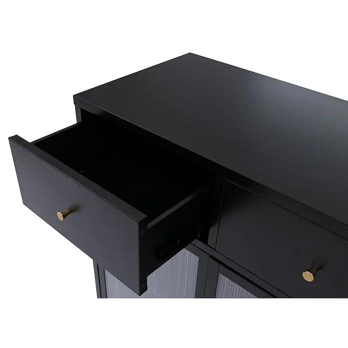 Mendler Kommode HWC-O87 96x80x40cm Metall - schwarz -  - Schwarzer Schrank mit teilweise geöffneter Schublade, goldenem Griff und geriffelten Glastüren.