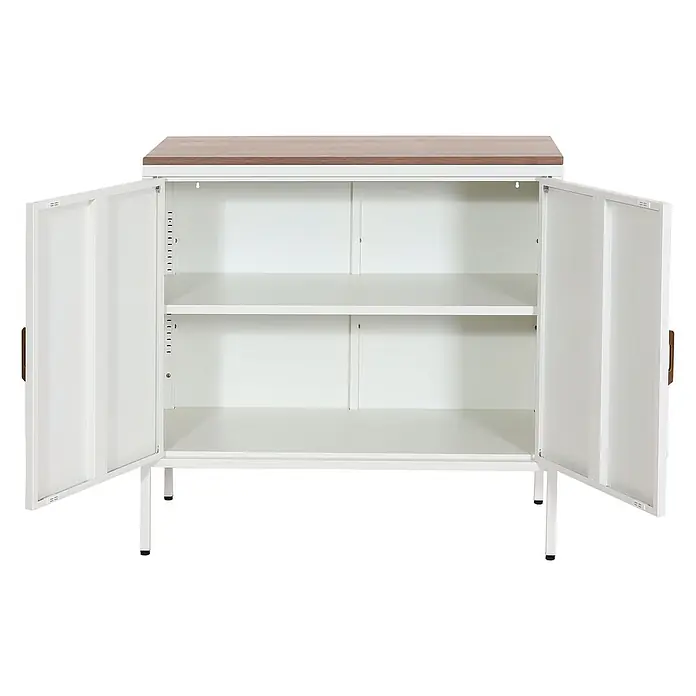 Mendler Kommode HWC-L84 2 Türen Metall 90x90x40cm - weiß -  - Weißer Metallschrank mit Holzplatte, Türen geöffnet, zeigt zwei Regalböden.