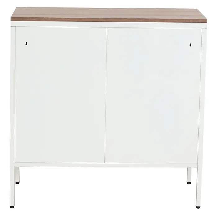 Mendler Kommode HWC-L84 2 Türen Metall 90x90x40cm - weiß -  - Weißer Schrank mit zwei Türen, heller Holzplatte und weißen Metallgestellbeinen. Sichtbare Montagepunkte hinten.
