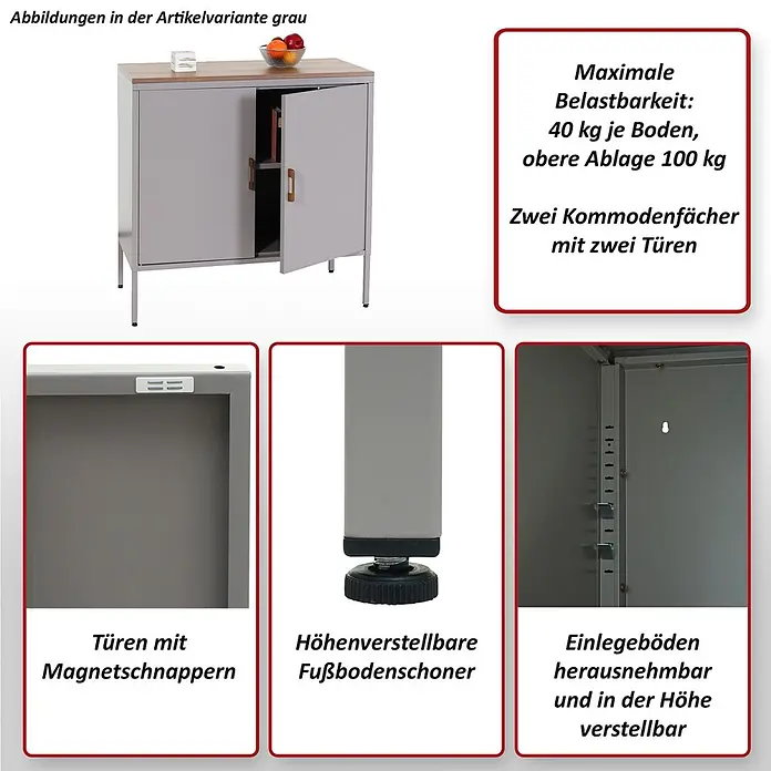 Mendler Kommode HWC-L84 2 Türen Metall 90x90x40cm - weiß -  - Grauer Metallschrank mit Holzplatte, zwei Türen und verstellbaren Einlegeböden, ausgestattet mit Magnetschnappern und höhenverstellbaren Füßen.