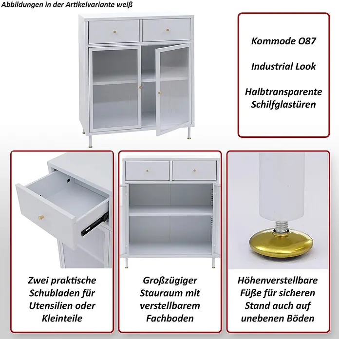 Mendler Kommode HWC-O87 96x80x40cm Metall - schwarz -  - Weißes Sideboard mit zwei Schubladen, halbtransparenten Schilfglastüren, verstellbaren Regalböden und höhenverstellbaren Füßen.
