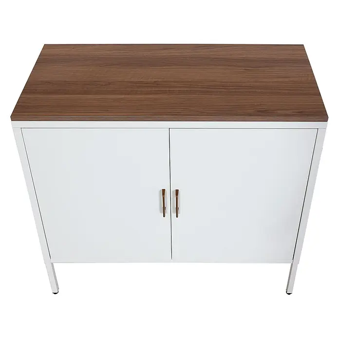 Mendler Kommode HWC-L84 2 Türen Metall 90x90x40cm - weiß -  - Weißer Aufbewahrungsschrank mit dunkler Holzoptik-Platte, zwei Türen, Metallbeinen und Griffen.