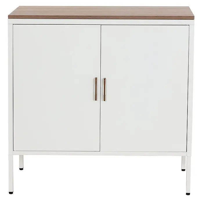 Mendler Kommode HWC-L84 2 Türen Metall 90x90x40cm - weiß -  - Weißer Schrank mit Holzplatte, zwei Türen und Bronzegriffen, auf Metallbeinen.