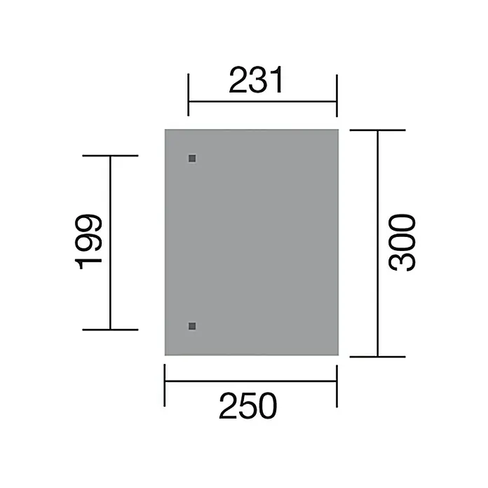 Weka Terrassenüberdachung Salsa - B x T: 300 x 250 cm, Grün, kesseldruckimprägniert, Transparent - Abbildung eines grauen quadratischen Spiegels mit den Maßen 300x250 mm und einer Tiefe von 231 mm.