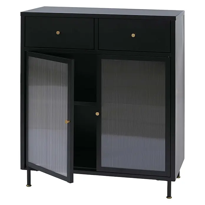 Mendler Kommode HWC-O87 96x80x40cm Metall - schwarz -  - Schwarzlackierter Schrank mit zwei Schubladen und zwei Türen aus geriffeltem Glas (eine offen), mit goldenen Knöpfen und Beinen.