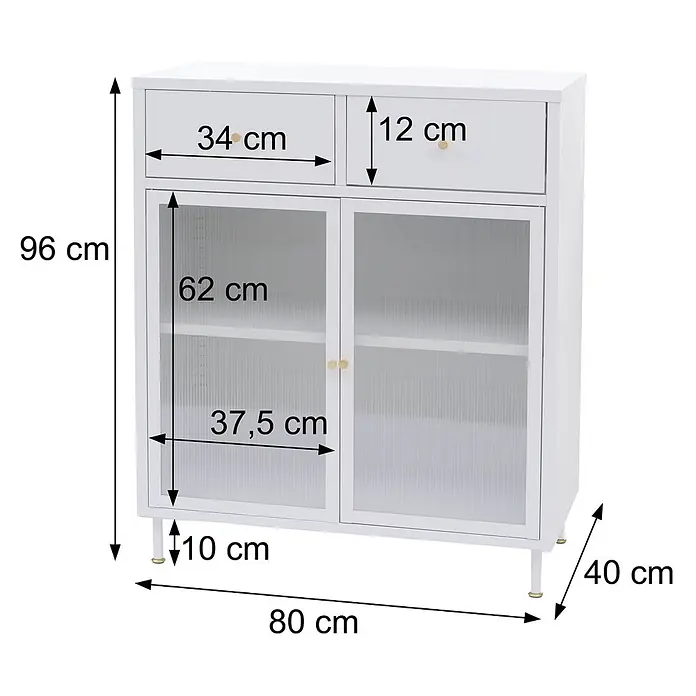 Mendler Kommode HWC-O87 96x80x40cm Metall - schwarz -  - Weißes Sideboard mit zwei Schubladen und zwei Türen aus geriffeltem Glas auf dünnen Beinen.