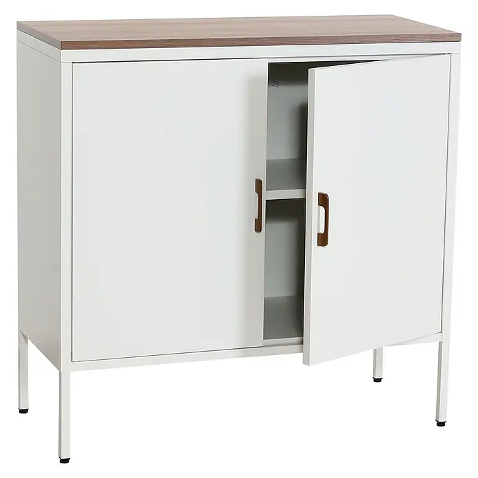Mendler Kommode HWC-L84 2 Türen Metall 90x90x40cm - weiß -  - Weißer Schrank mit Holzplatte und Griffen. Eine Tür offenbart Regalböden.