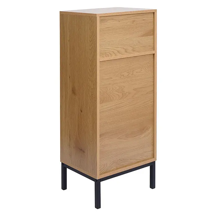 Mendler Kommode HWC-O42 - L x B x H: 39 x 30 x 98 cm, Holzoptik natur - Heller Schrank in Eichenoptik mit zwei Fächern und schwarzen Metallbeinen.