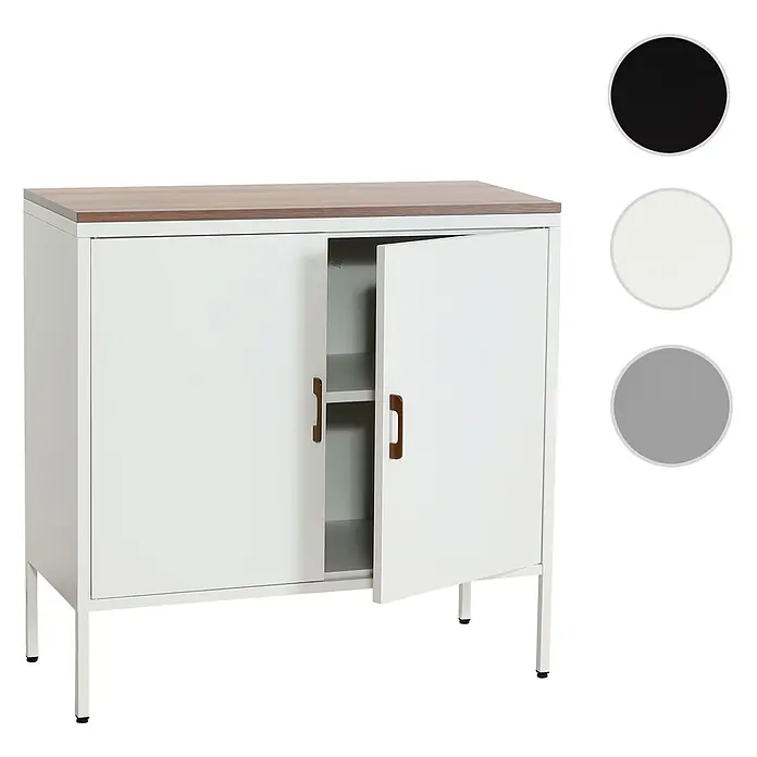 Mendler Kommode HWC-L84 2 Türen Metall 90x90x40cm - weiß -  - Weißer Schrank mit Holzplatte, braunen Griffen und Metallbeinen, eine Tür offen.