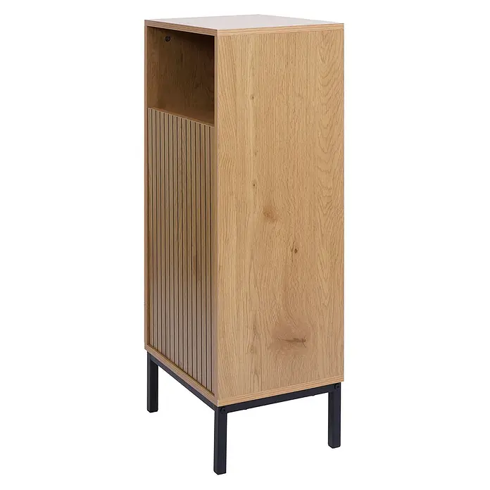 Mendler Kommode HWC-O42 - L x B x H: 39 x 30 x 98 cm, Holzoptik natur - Helles Holzschränkchen mit Lamellentür und offenem Fach auf schwarzen Metallbeinen.
