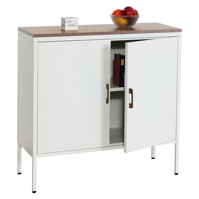 Mendler Kommode HWC-L84 2 Türen Metall 90x90x40cm - weiß -  - Weißer Metallschrank mit Holzoptikplatte, braunen Griffen und Metallbeinen. Eine Tür steht offen und gibt den Blick auf ein Regal frei.