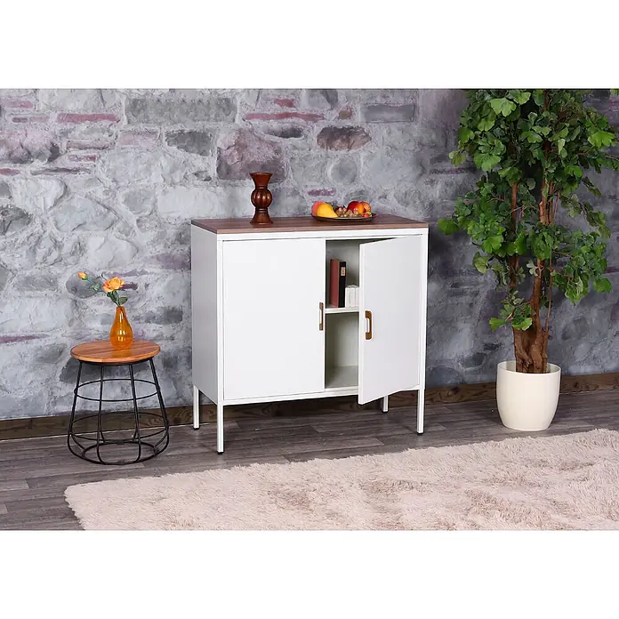 Mendler Kommode HWC-L84 2 Türen Metall 90x90x40cm - weiß -  - Weißer Metallschrank mit Holzplatte und Griffen, eine Tür offen, als Stauraum genutzt.