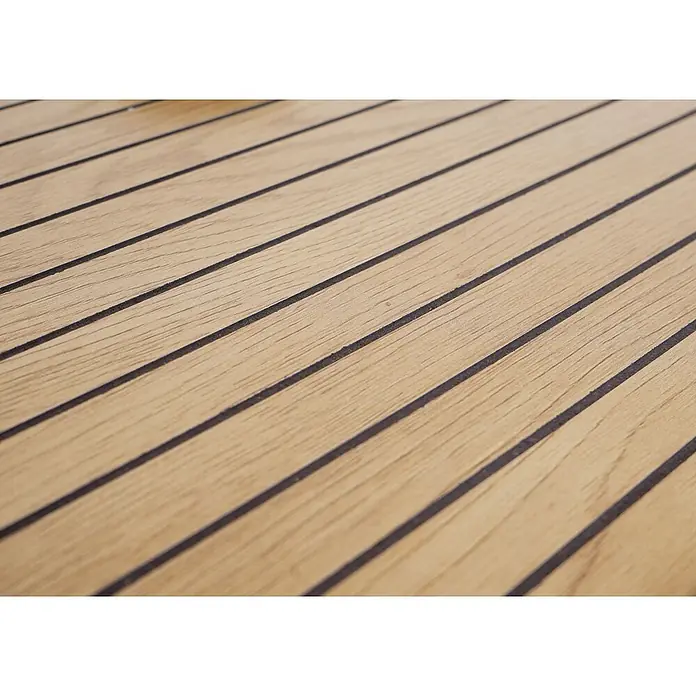 Mendler Kommode HWC-O42 - L x B x H: 39 x 30 x 98 cm, Holzoptik natur - Teak-Bootsdeck aus hellen Holzplanken mit dunklen parallelen Fugenlinien.
