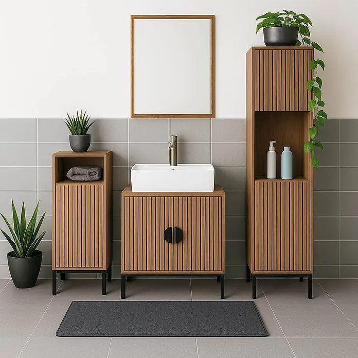 Mendler Kommode HWC-O42 - L x B x H: 39 x 30 x 98 cm, Holzoptik natur - Badezimmermöbelset aus Holzlamellen: Waschtisch mit Waschbecken, hoher und niedriger Schrank mit schwarzen Beinen.