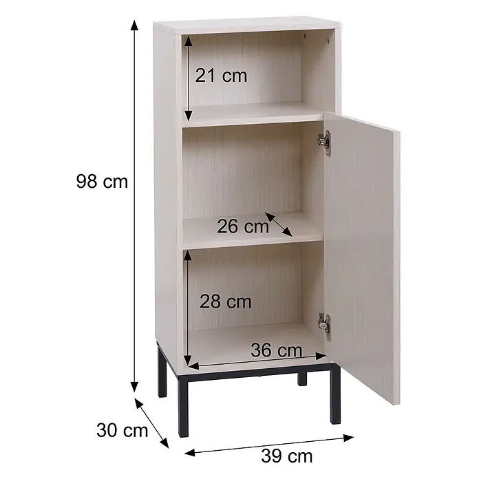 Mendler Kommode HWC-O42 - L x B x H: 39 x 30 x 98 cm, Holzoptik natur - Heller Holzschrank mit schwarzen Metallbeinen und offener Tür, die Regale zeigt. Maße sind sichtbar.