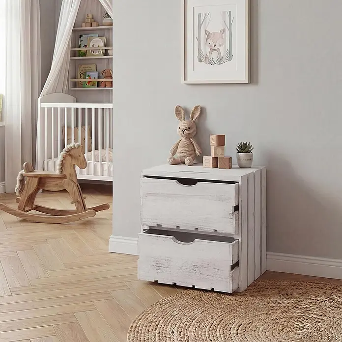 Mendler Kommode HWC-C62 2 Schubladen 36x32x26cm - weiß -  - Weißer, rustikaler Holzschrank mit zwei Ausziehschubladen, als Aufbewahrungseinheit im Babyzimmer.