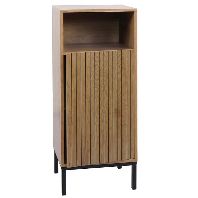 Mendler Kommode HWC-O42 - L x B x H: 39 x 30 x 98 cm, Holzoptik natur - Holzschrank mit offener Ablage, Lamellentür und schwarzen Metallbeinen.