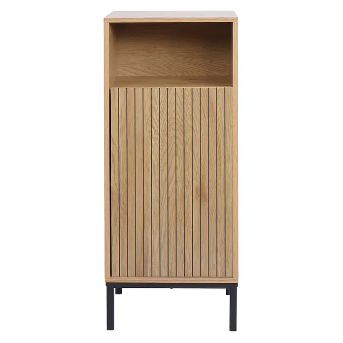 Mendler Kommode HWC-O42 - L x B x H: 39 x 30 x 98 cm, Holzoptik natur - Helles Holzschränkchen mit offenem Fach, gerillter Schiebetür und schwarzen Metallfüßen.