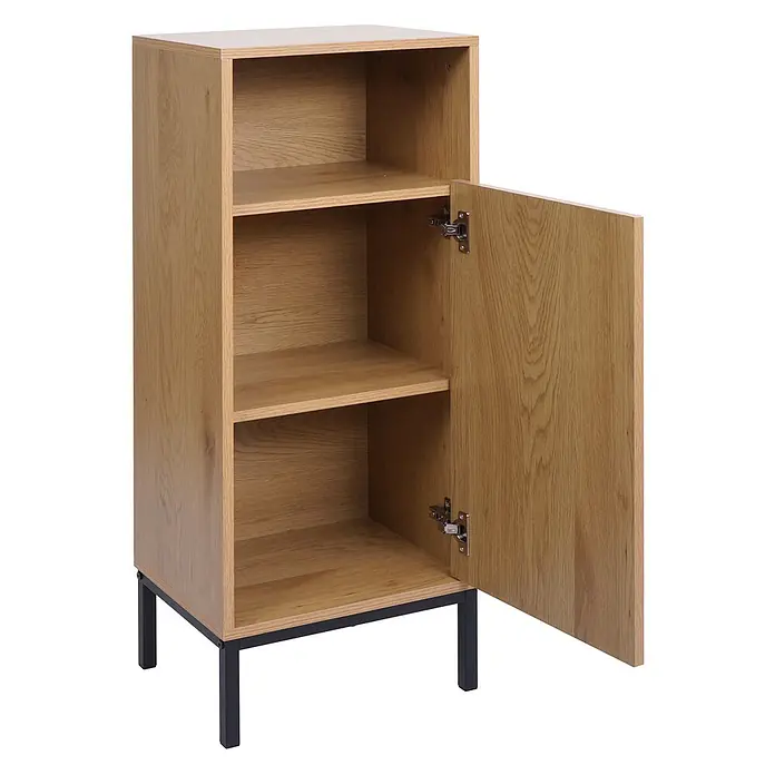Mendler Kommode HWC-O42 - L x B x H: 39 x 30 x 98 cm, Holzoptik natur - Helles Holzschrank mit offener Tür, drei Ablagen und schwarzen Metallbeinen.