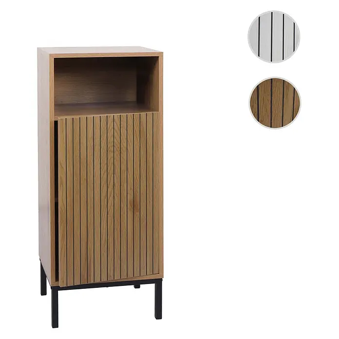 Mendler Kommode HWC-O42 - L x B x H: 39 x 30 x 98 cm, Holzoptik natur - Heller Holzschrank mit offenem Fach, Lamellen-Schiebetür und schwarzen Metallbeinen. Inklusive Farbmuster für weiße und braune Holzoptik.