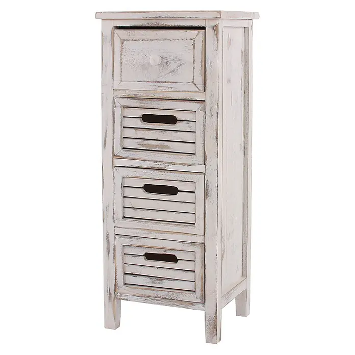 Mendler Kommode T18 74x30x25cm - weiß -  - Shabby-Chic-Kommode aus weißem Holz mit einer Schublade oben und drei Lamellenschubladen.