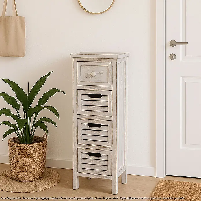 Mendler Kommode T18 74x30x25cm - weiß -  - Schmaler, weiß gekalkter Holzschrank mit fünf Schubladen, vier davon mit Lamellenfronten, als kompakte Stauraumlösung im Flur.