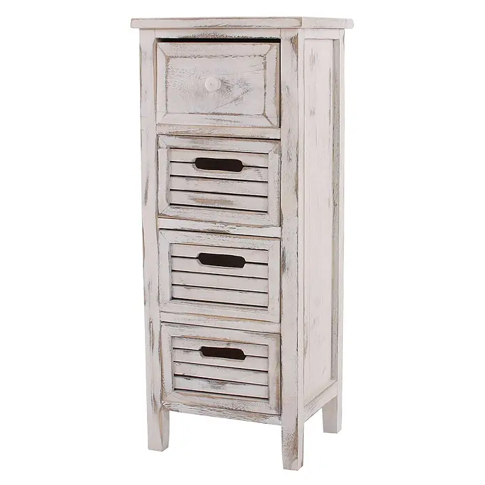 Mendler Kommode T18 74x30x25cm - weiß -  - Weißes, im Shabby-Chic-Stil gefertigtes Holzschränkchen mit einer oberen Schublade und drei Lamellenschubladen mit Grifflöchern.