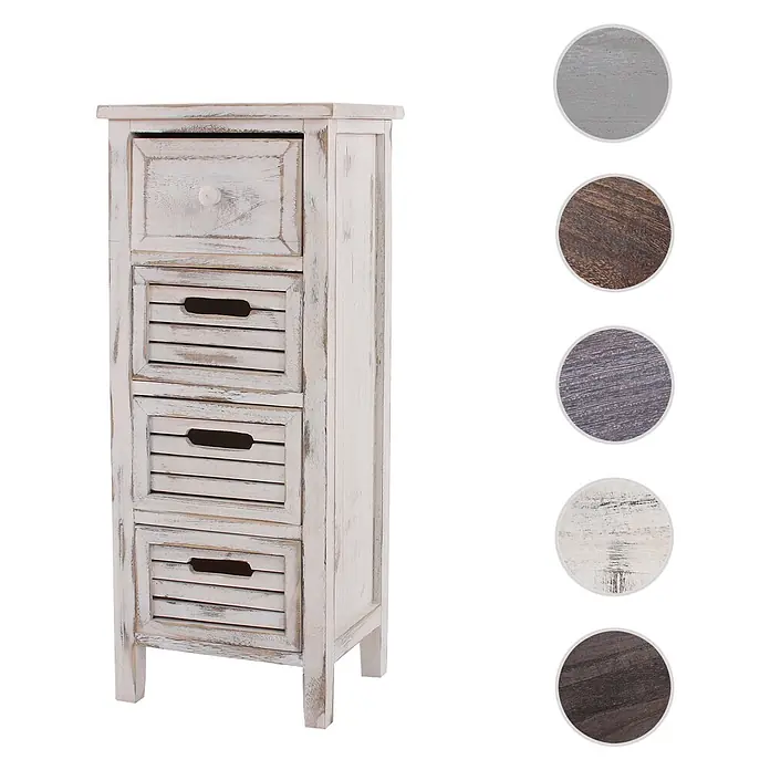 Mendler Kommode T18 74x30x25cm - weiß -  - Weißer Vintage-Holzschrank mit einer Schublade, drei Lamellenkörben und Farbmustern.