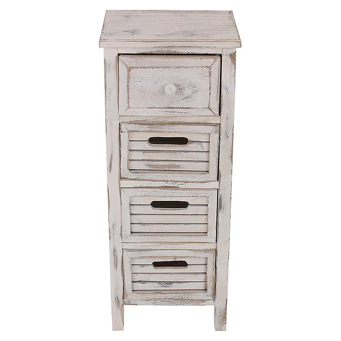 Mendler Kommode T18 74x30x25cm - weiß -  - Verwitterter weißer Holzschrank mit einer Schublade mit Knopf und drei Lamellenschubladen mit Griffaussparungen.