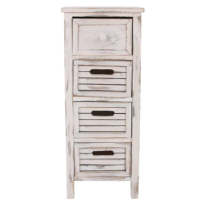 Mendler Kommode T18 74x30x25cm - weiß -  - Distressed weißer hoher Holzschrank mit einer oberen Schublade mit Knopf und drei Lamellenschubladen mit Griffaussparungen.