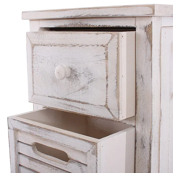 Mendler Kommode T18 74x30x25cm - weiß -  - Weiß gekalkter Holzschrank mit zwei teils geöffneten Schubladen, eine mit Knopf, eine mit Lamellenfront und Griffloch.