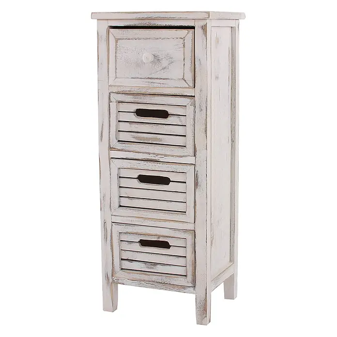 Mendler Kommode T18 74x30x25cm - weiß -  - Distressed weißer schmaler Holzkommode mit einer Schublade mit Knopf und drei Lamellenschubladen mit Griffaussparungen.