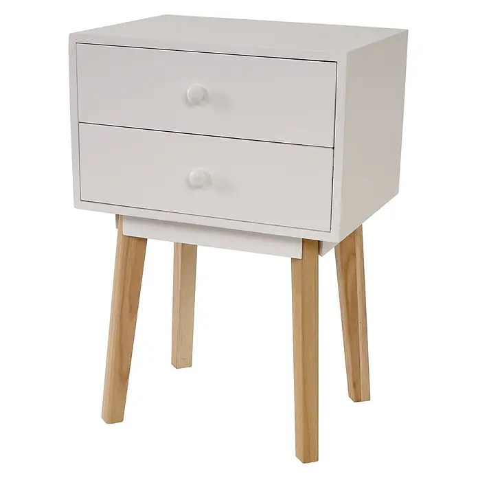 Mendler Kommode Malmö T271 59x40x30cm - Schublade weiß -  - Weißer Nachttisch mit zwei Schubladen und hellen Holzbeinen.
