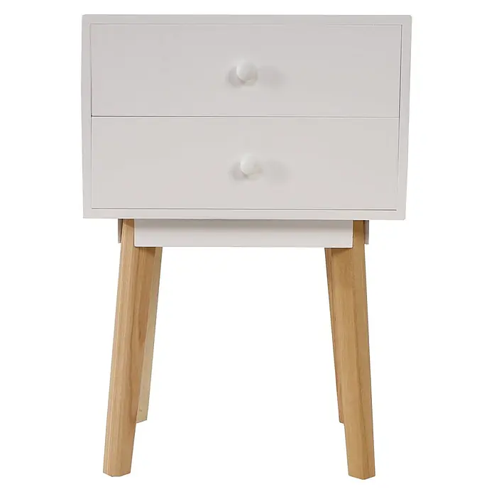 Mendler Kommode Malmö T271 59x40x30cm - Schublade weiß -  - Weißer Nachttisch mit zwei Schubladen und hellen Holzbeinen.