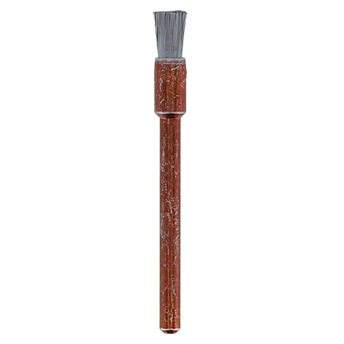 Dremel Cepillo de acero inoxidable Mod. 532 - Forma cabezal: Cabeza de pincel, 3,2 mm, 3 ud. - Imagen de un pincel de detalle con mango marrón y cerdas grises, ideal para trabajos de precisión y zonas de difícil acceso.