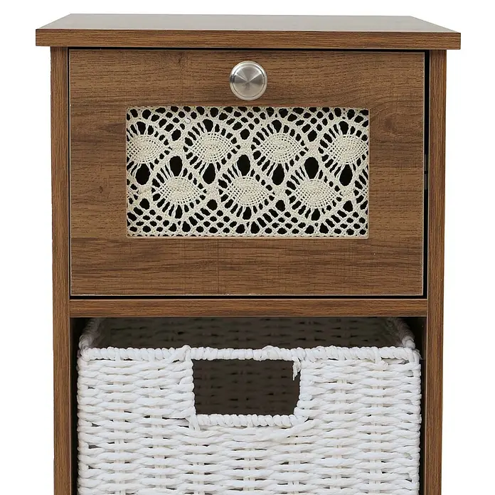 Mendler Kommode HWC-O75 82x30x30cm Holz - braun -  - Brauner Holzschrank mit einer Schublade mit cremefarbener Spitzeneinlage und silbernem Knauf, sowie einem weißen geflochtenen Korb unten.