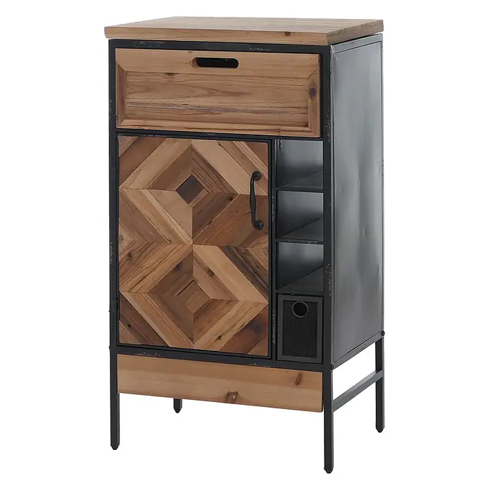 Mendler Apothekerkommode HWC-Q77, Industrial Holz Metall 85x45x35cm -  - Industrieller Beistellschrank aus Naturholz und dunklem Metall mit Schublade, gemusterter Tür, offenen Fächern und Drahtkorb.