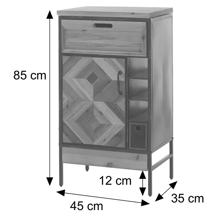 Mendler Apothekerkommode HWC-Q77, Industrial Holz Metall 85x45x35cm -  - Industrieller Holz- und Metallschrank mit Schublade, gemusterter Tür, offenen Regalen und Netzkorb, 85 cm hoch.