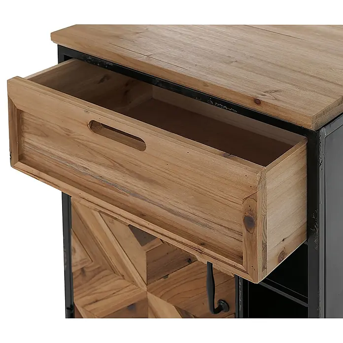 Mendler Apothekerkommode HWC-Q77, Industrial Holz Metall 85x45x35cm -  - Industrieller Schrank mit offener heller Holzschublade und dunklem Metallrahmen, darunter eine gemusterte Holztür.