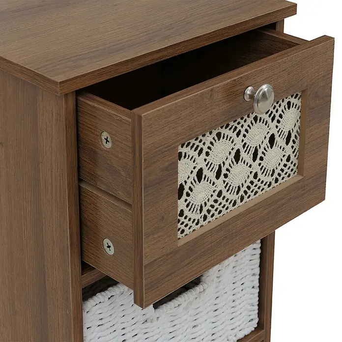 Mendler Kommode HWC-O75 82x30x30cm Holz - braun -  - Brauner Holzschrank mit geöffneter Schublade, die eine weiße Häkelplatte und einen weißen Korb in einem unteren Fach zeigt.