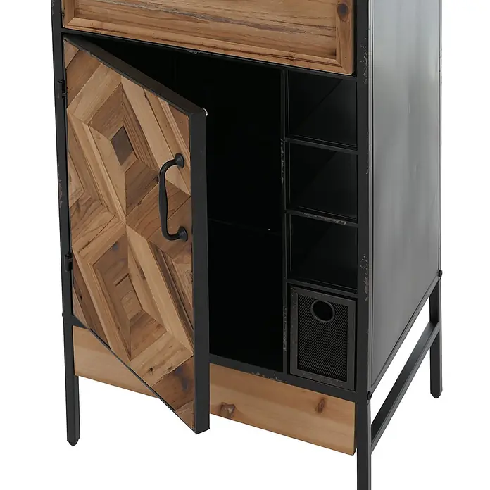 Mendler Apothekerkommode HWC-Q77, Industrial Holz Metall 85x45x35cm -  - Industrieller Holz- und Metallschrank mit offener gemusterter Holztür, Innenregalen und Metallkorb.
