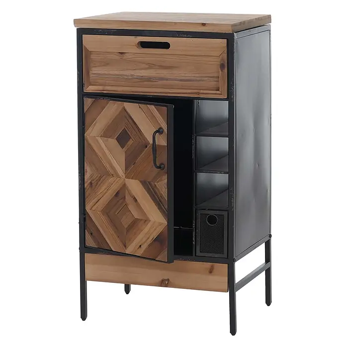 Mendler Apothekerkommode HWC-Q77, Industrial Holz Metall 85x45x35cm -  - Industrieller Schrank aus Holz und Metall mit Schublade, gemusterter Holztür, Metallregalen und Gitterkorb.