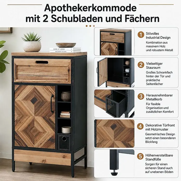 Mendler Apothekerkommode HWC-Q77, Industrial Holz Metall 85x45x35cm -  - Industrielle Kommode mit zwei Schubladen, gemusterter Holztür und offenen Fächern, aus Holz und schwarzem Metall.