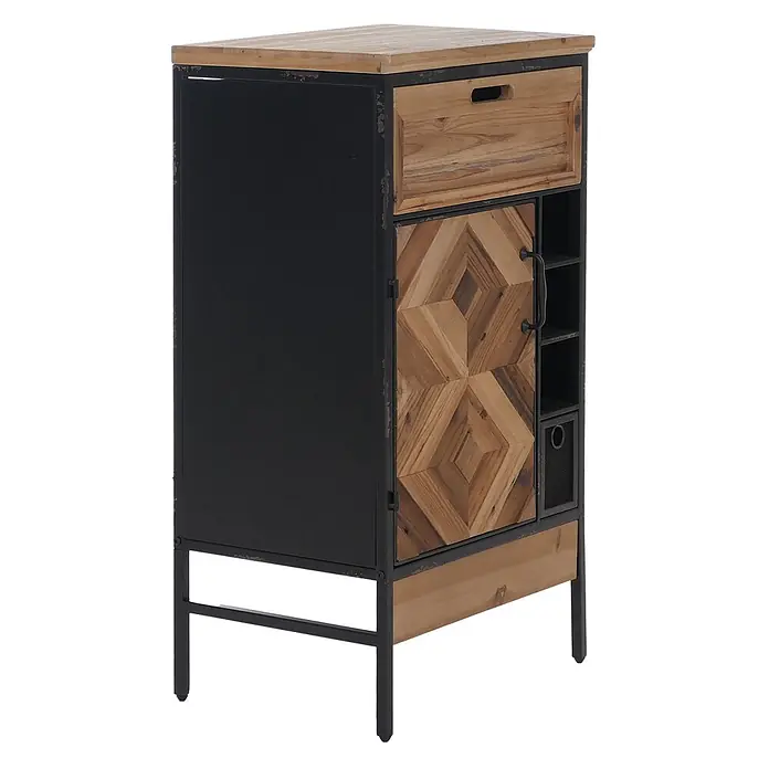 Mendler Apothekerkommode HWC-Q77, Industrial Holz Metall 85x45x35cm -  - Industrieller Aufbewahrungsschrank aus schwarzem Metall und Naturholz mit geometrisch gemusterter Tür, Schublade und offenen Fächern.